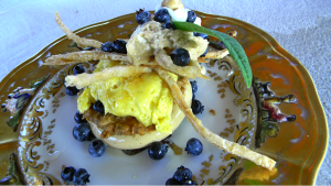 Hazelnut and blueberry dessert served at Camp Home by Michael Stadtländer.